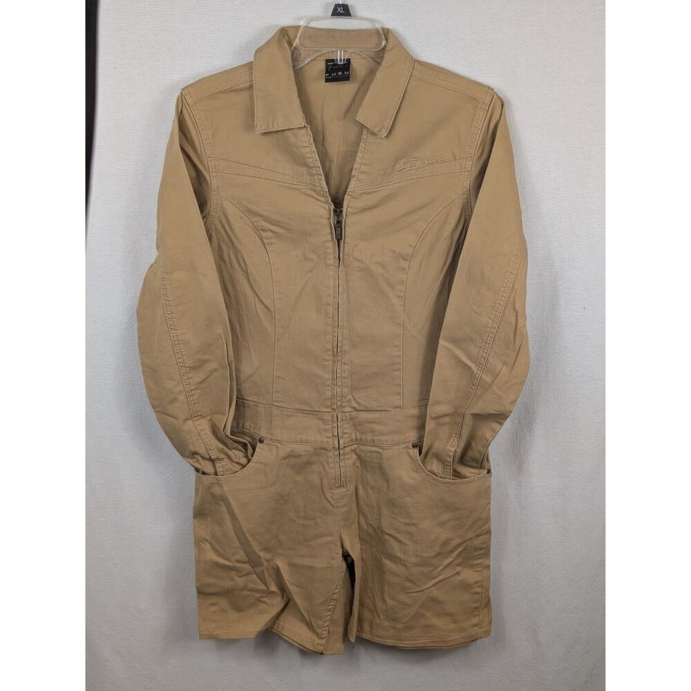 Y2K FUBU Collard Long Sleeve Shorts Romper/Jumpsuit Khaki Women's Size 9/10
